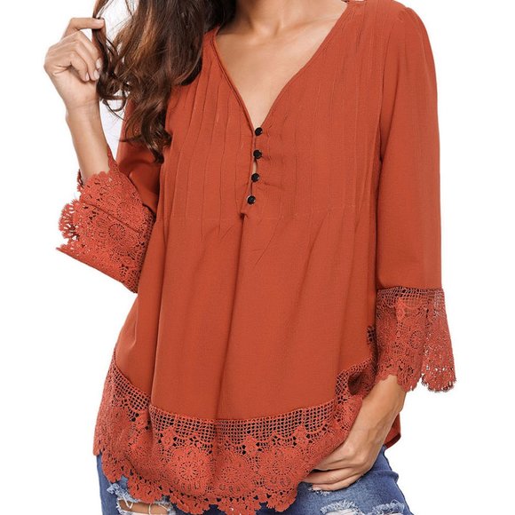 Affordable Luxuries Tops - Boho Button Up Sleeved Blouse With Lace Detail